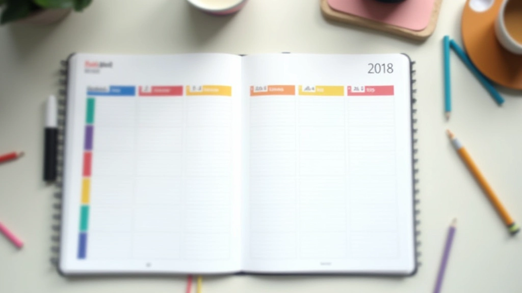 Calendrier hebdomadaire coloré avec zones de travail groupées par couleur, vue de dessus