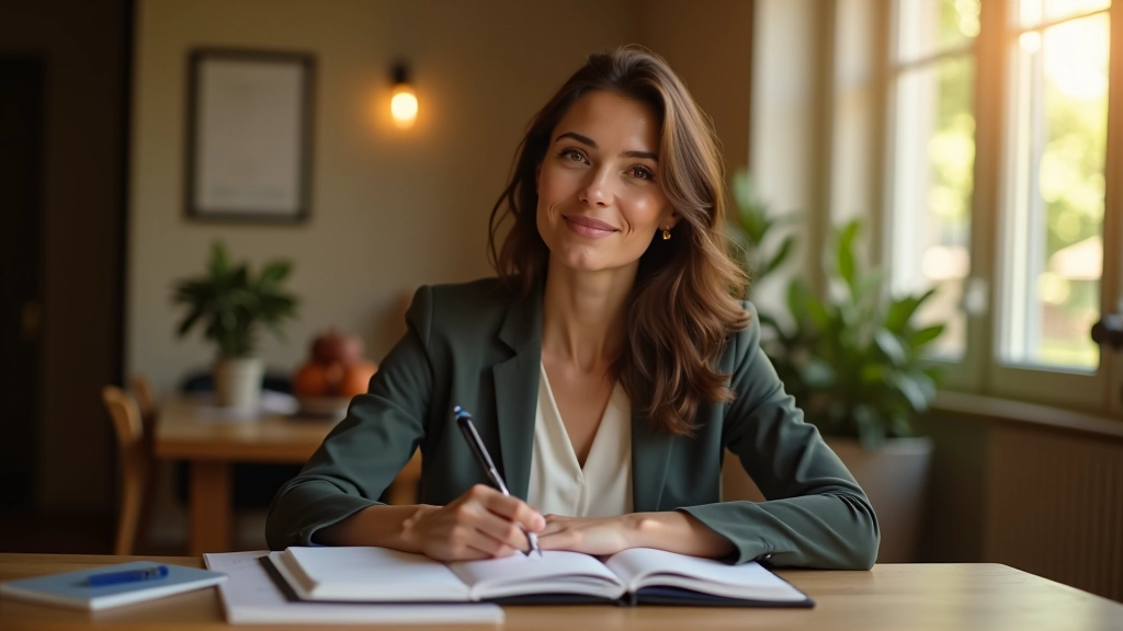 Personne planifiant sa journée à un bureau avec un carnet et une tasse de café, lumière naturelle du matin