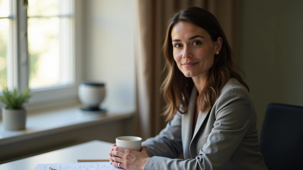 Personne prenant une pause, assise calmement à son bureau avec une tasse de café, lumière naturelle douce